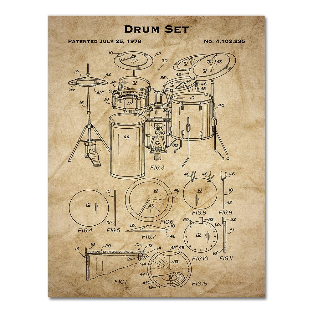 Music Instruments Patent Print Vintage Poster Drum Blueprint Retro Wall Art Canvas Painting Drummer Gift Music Studio Decor