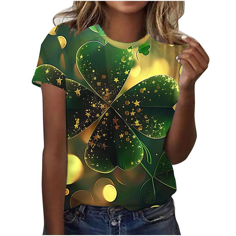 St. Patrick's Day Women T Shirt 3D Lucky Four-leaf Clover Graphic Print T-Shirts Unisex Crew Neck Short Sleeve Casual Kids Tops