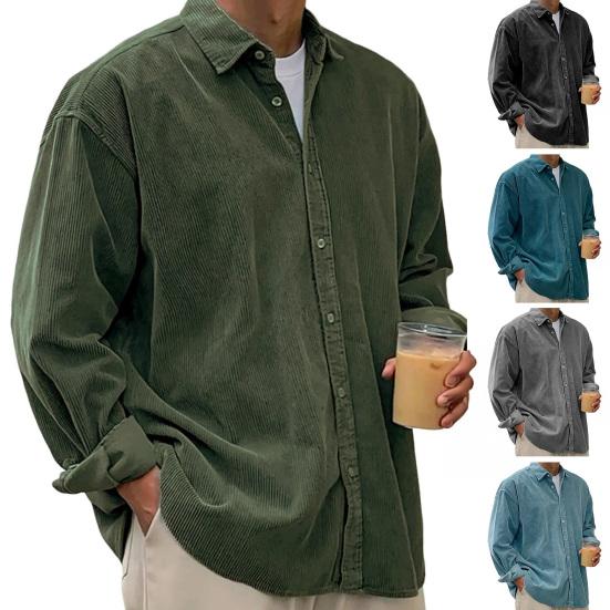 Men Corduroy Shirt Button Down Long Sleeve Lapel Shirt Classic Solid Color Loose Casual Shirt Jacket for Work Dating Street Wear