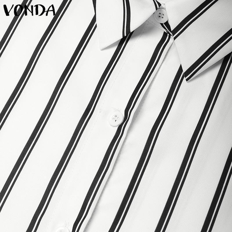 VONDA Women Turn Down Collar Casual Long Sleeve Striped Baggy Maxi Long Dress