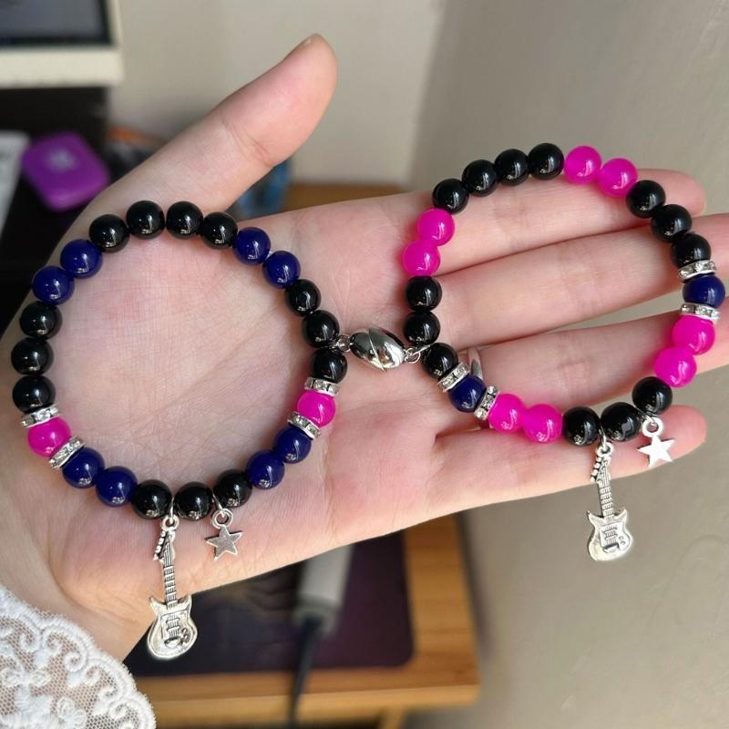 2pcs Guitar Star Pendant Bracelet Magnetic Heart Couple Hip Hop Elastic Beaded Bracelets for Men Women Jewelry Gift