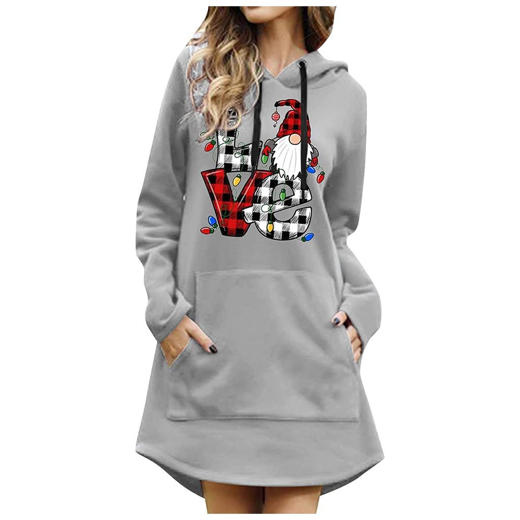 Modisches, lässiges Damen-Pullover-Kleid mit Weihnachtsmotiv, langärmelig und mit Kapuze