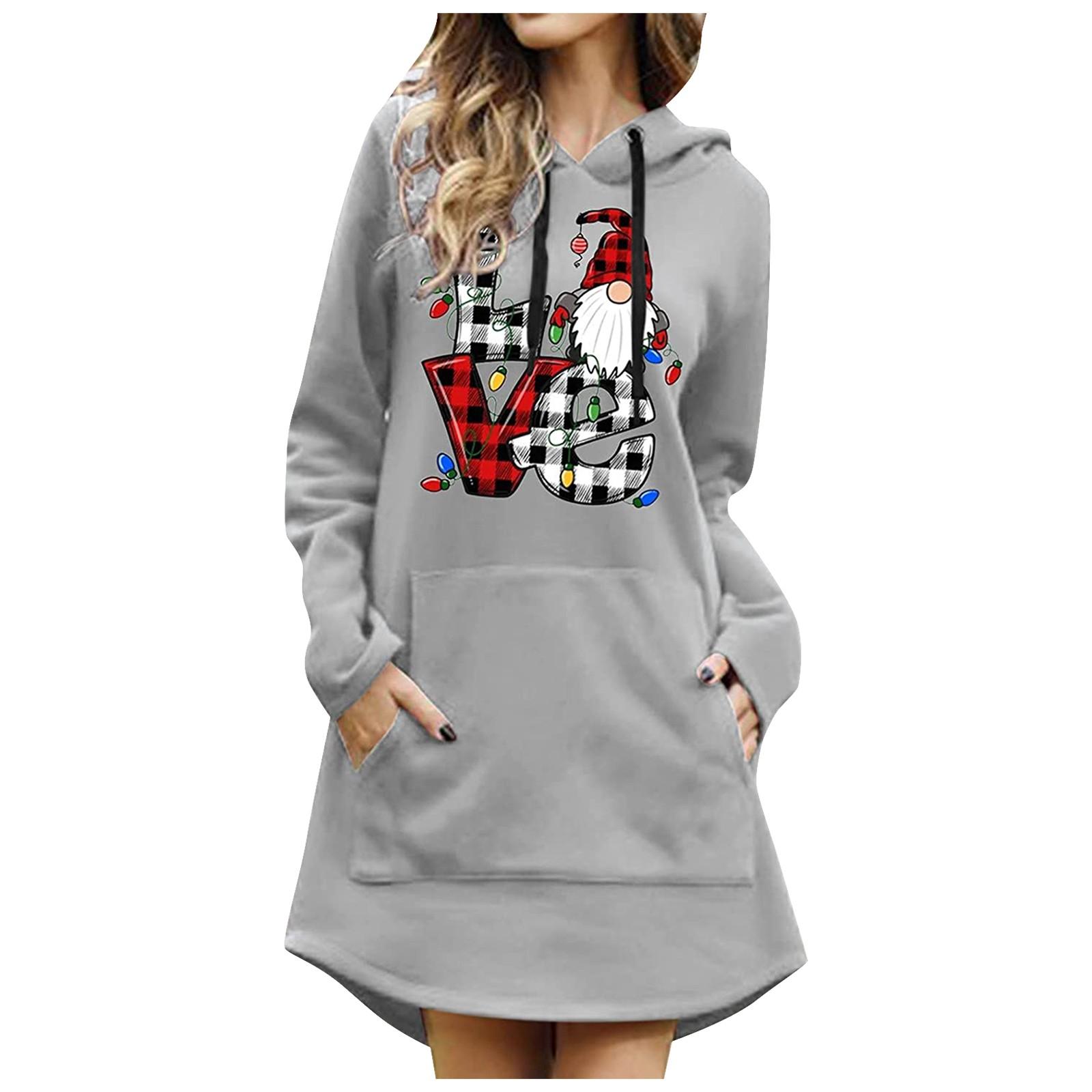 

Модное повседневное женское платье-пуловер с длинным рукавом с рождественским принтом и капюшоном XL