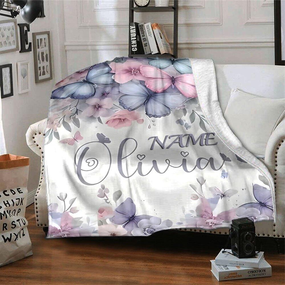 Butterflies And Flowers With The Olivia In Elegant Script Multipurpose Customizable Blanket Personalized Text Comfortable Texture Throw For Sofa Couch