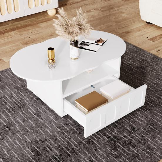 Coffee Table with Drawer Storage Compartments 2-Tiers Rounded Corner Smooth Surface Easy Assembly Cloud Shaped Coffee Table Home