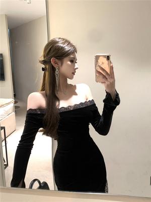 French One-word Shoulder Black Dress Royal Sister Lace Splicing Slim-fitting Hip Skirt Summer New Long Dress