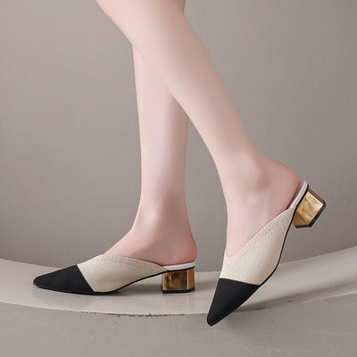 2025 Summer Women Yellow Black Knitted Slides Mules New Elegant Mesh Breathable Med Heel Slippers Closed Toe Slides Party Shoes