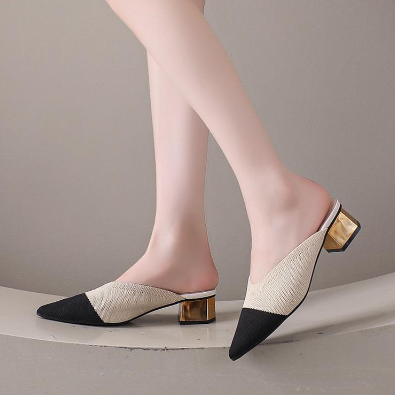2025 Summer Women Yellow Black Knitted Slides Mules New Elegant Mesh Breathable Med Heel Slippers Closed Toe Slides Party Shoes