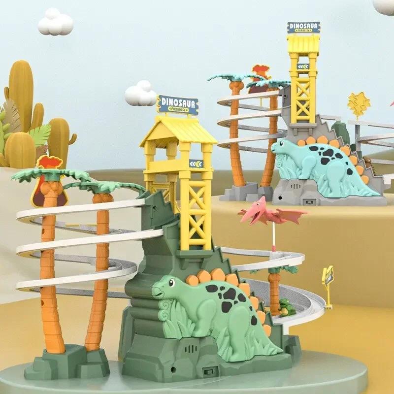 Electric Double Track Dinosaur Car Slide Climbing Stairs Adventure Dinosaur Railcar Music Educational Toys for Children Gift