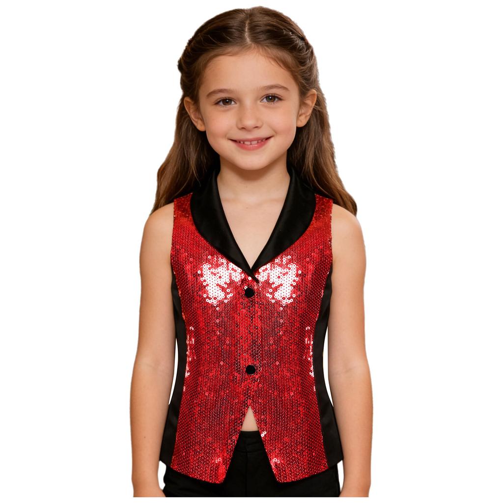 Třpytivá pódiová vesta pro dívky: Saténová vesta s kontrastními barvami, klopovým výstřihem a patentkami, Nezbytnost pro taneční kostým