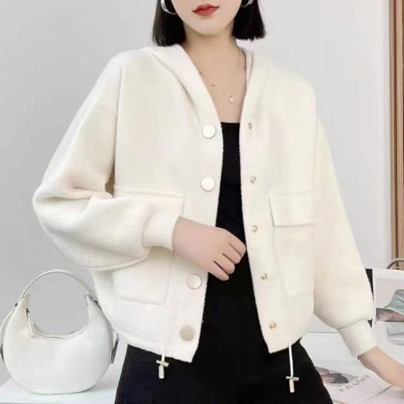 

Imitation double-sided woolen sweater autumn new single-breasted short cardigan hooded square pocket top coat women average size