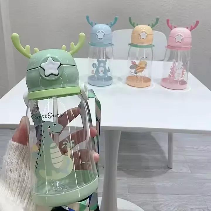 Creative Fashion 600Ml Cartoon Plastic Water Bottle Children's Large Capacity With Antlers Student Gift Straw Cup Portable Leaki