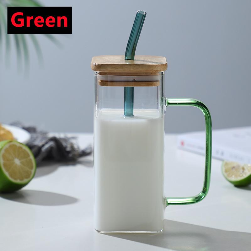 

400 мл квадратная стеклянная кружка с крышкой соломинка для завтрака молочная чашка безопасная для микроволновой печи прозрачная вечеринка пивная кофейная кружка стеклянная бутылка для напитков 400ml зелёный