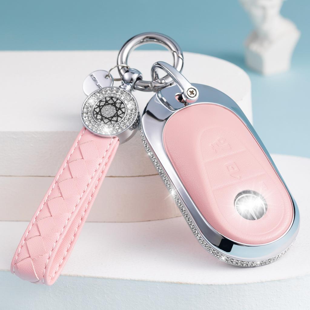 Compatible with Mercedes Benz Key Fob Cover with Keychain, Pink Genuine Leather Crystal Key Case Protection Shell Fit for 2020