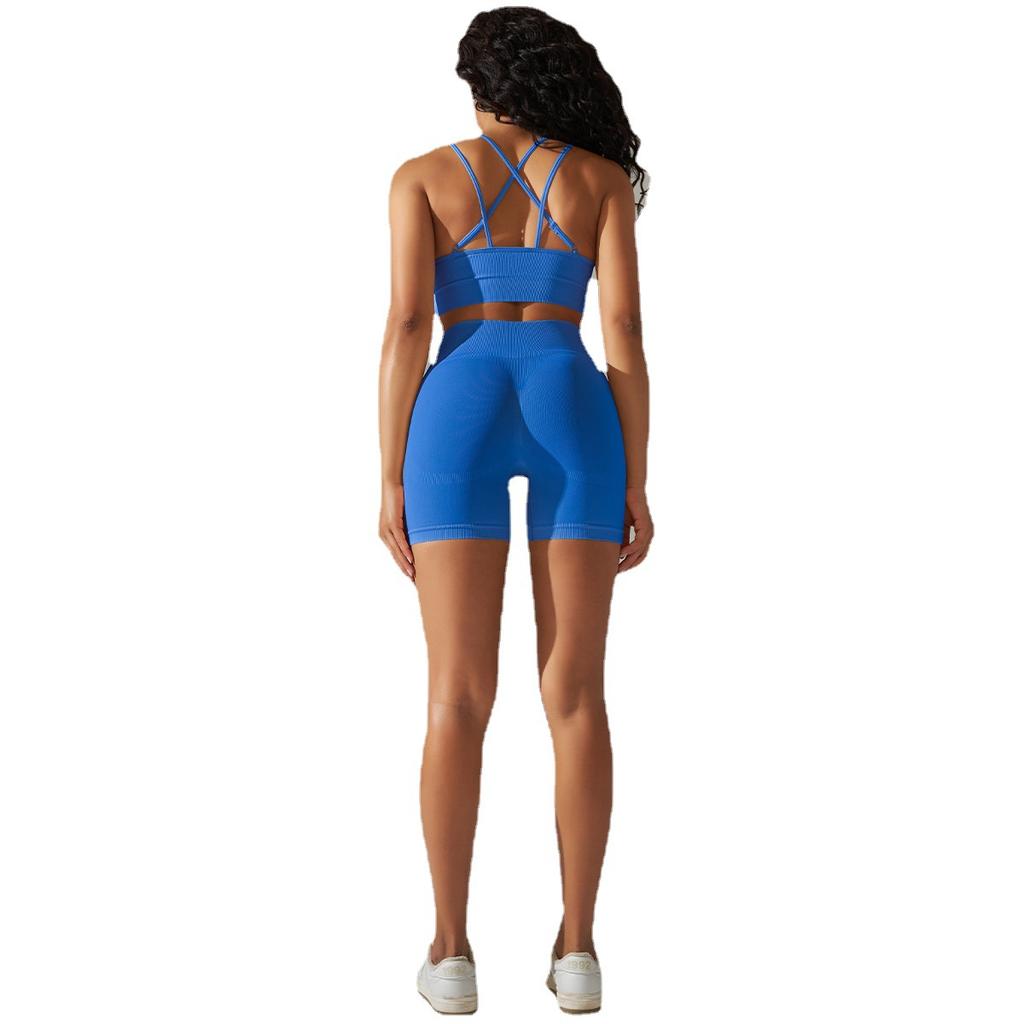 New Seamless Yoga Suit Set, Cross Back Sports Bra, High Waist Peach Hip Lifting Shorts, Quick Drying Fitness Suit Two-Piece Set For Women