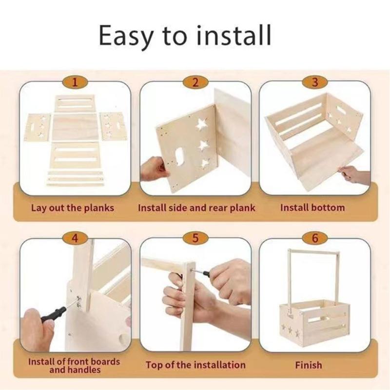 Handmade Baby Showers Wooden Organiser Basket Easy Assembly Wood Toy Storage Crate with Long Handle Christmas Gift