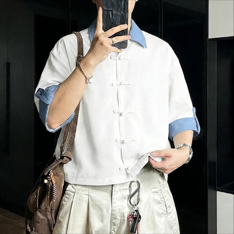 INCERUN Camicie Casual Estive da Uomo con Collo a Rever, Manica Corta, Cuciture, Bottoni, Top