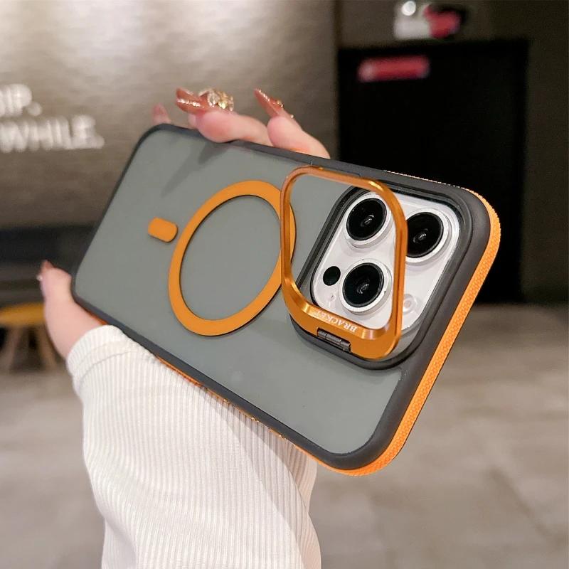 Fashion Double Color Magnetic Stand Translucency Case For iPhone 16 15 14 13 12 11 Pro Max Plus Magsafe Splice Color Matte Cover