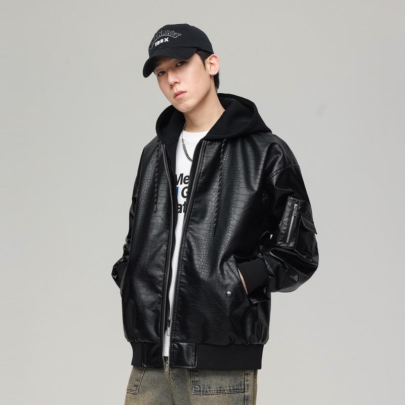 Dragon Scale Leather Jacket Men's New Fashion Brand Autumn New Korean Fashion Casual Fake Two-piece Combination of Hooded Jacket