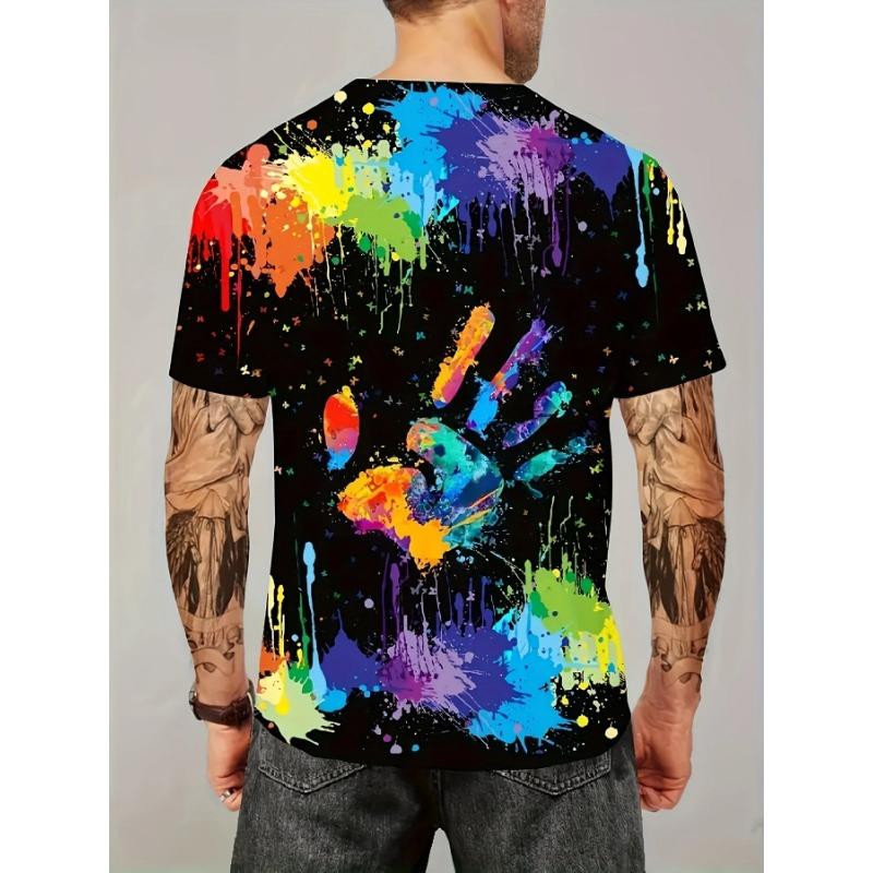 Fashion Splash Ink And Hand Print 3D Digital Print Men's Short Sleeve Crew Neck T-shirt,Summer Outdoor