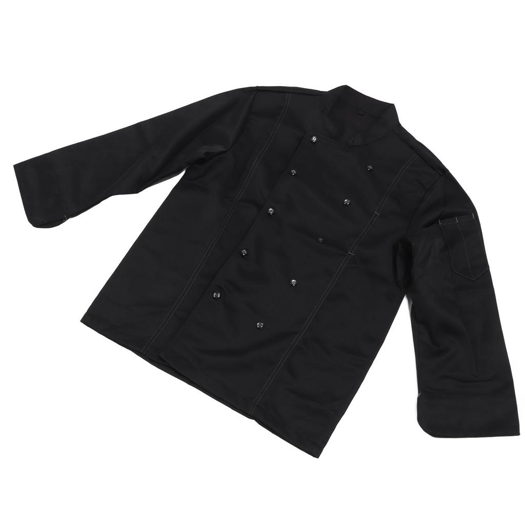 Long Sleeve Stand Collar Chef Coat Men Women Kitchen Button Up Chef Uniform Jacket for Restaurant Black M
