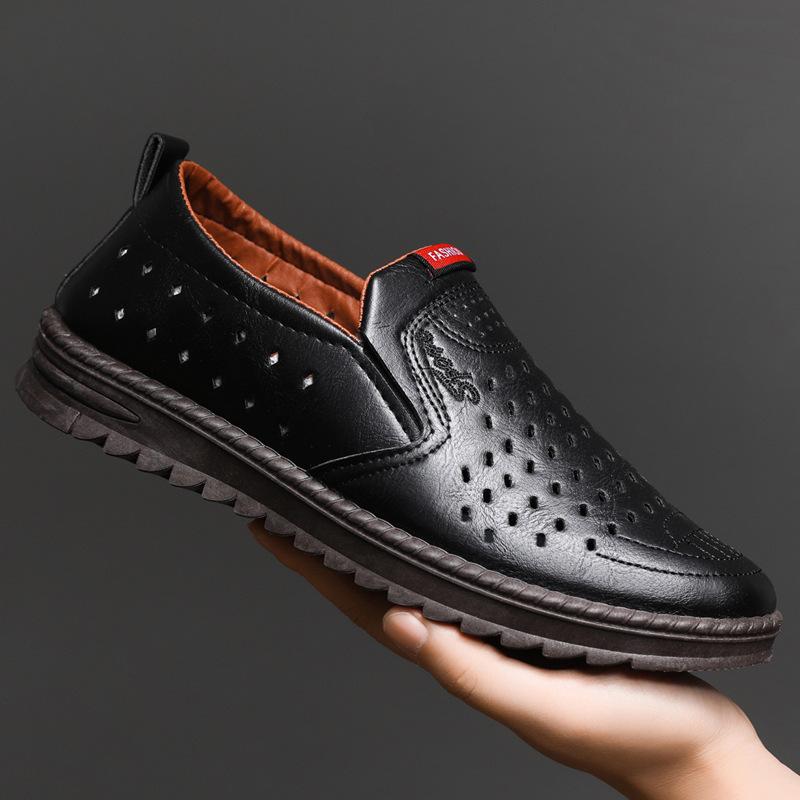 Hollow leather shoes men's summer breathable soft leather lowtop business leisure onepedal hole dad men's shoes