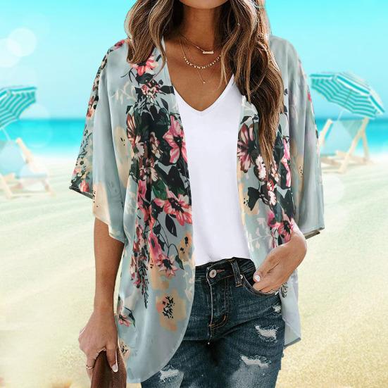 Women Beach Shirt Flower Print Thin Soft Short Sleeve Open Stitch Loose Breathable Sun Protection Anti-UV Lady Beach Cover-up