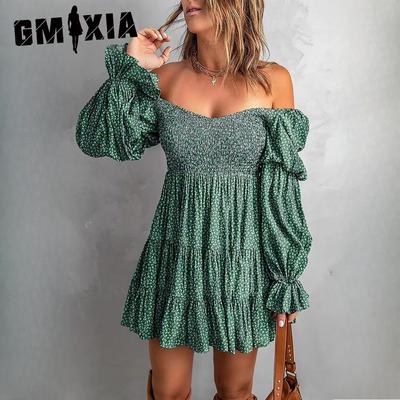 Herbst Einfarbig Taille Plissee A-Linien-Kleid Sexy Ein-Schulter-Kleider
