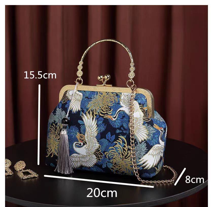 Chinese Style Hanfu Qipao Bag Polyester Vintage Handbag Crossbody Purse with Metal Clasp Retro Shoulder Bag for Women