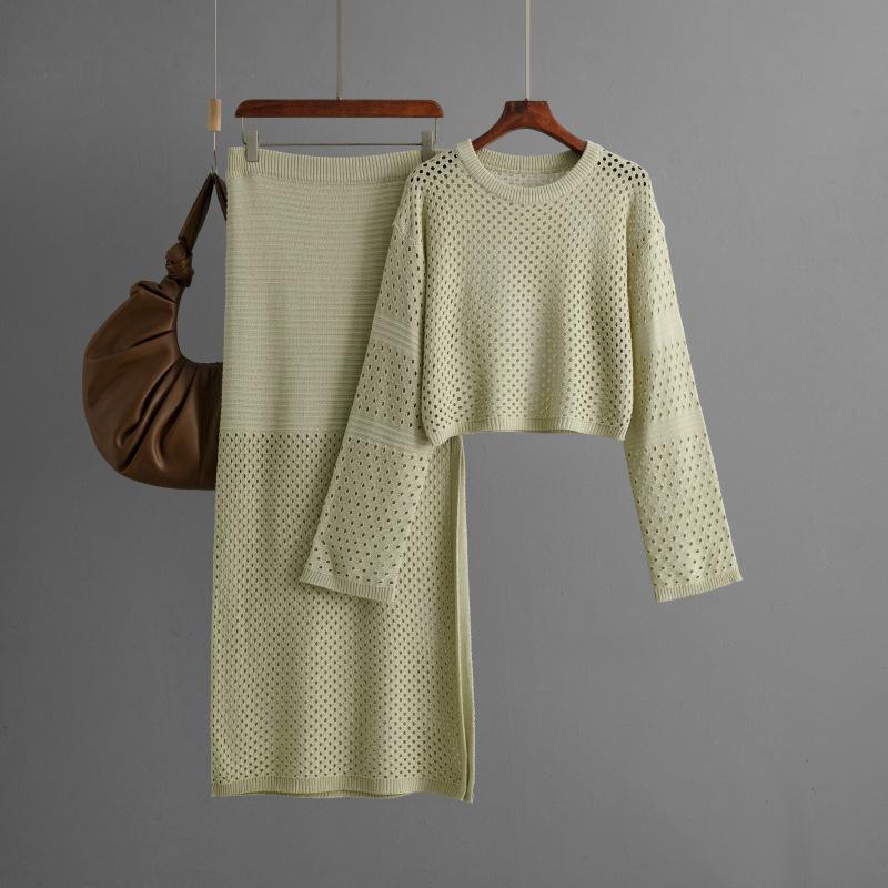 

European and American Women s Clothing 2024 New Summer Hollow-out Knitted Shirt Long Skirt Fashion Two-piece Dress One size