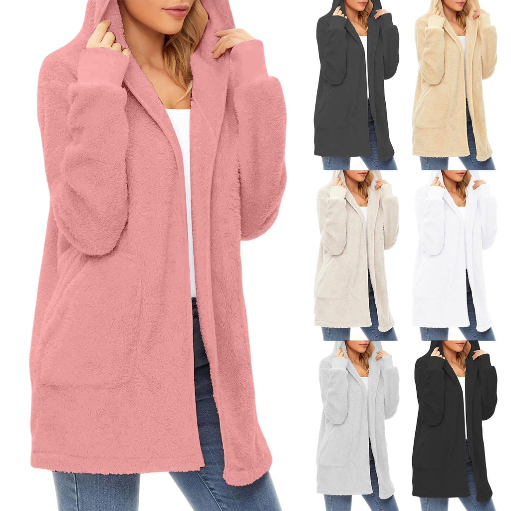 Women's Casual Fleece Lined Hooded Cardigan Solid Color Long Sleeved Coat