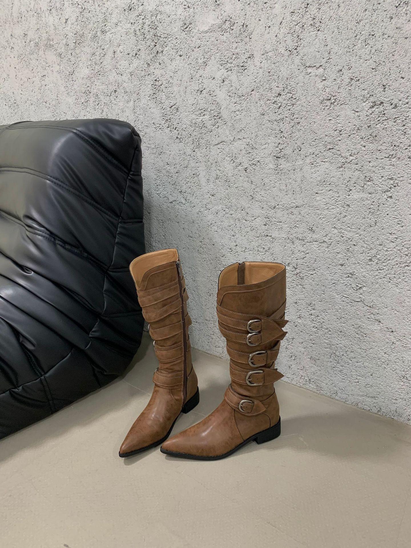 

Vintage niche small boots brown western cowboy boots early autumn thick heel women s boots belt buckle high boots 39 коричневый