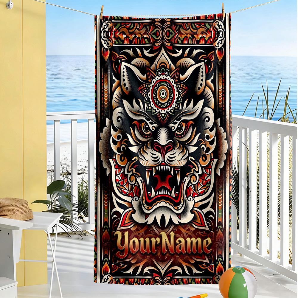 Tattoo Style Customizable Name Beach Towel High Absorbency & Quick-Dry Perfect for Traveling Yoga Camping and Swimming