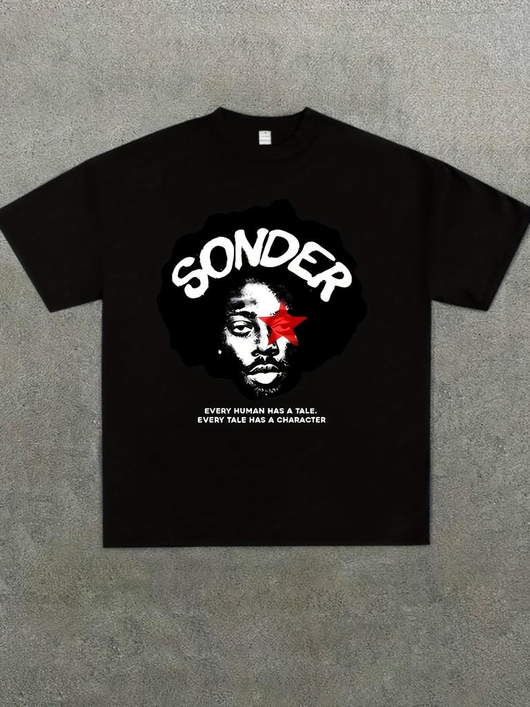 SONDER Graphic Print T-Shirt Unisex Summer Short Sleeve Tee with Bold "Every for Man Has A Character" Design Casual Loose Top