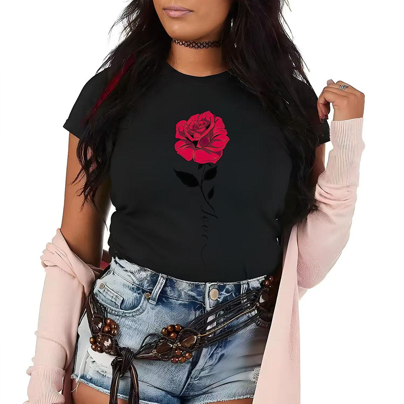 

Beautiful Rose LOVE Printed Pattern Short Sleeve Round Neck Versatile Womens Tshirt for Daily Use S