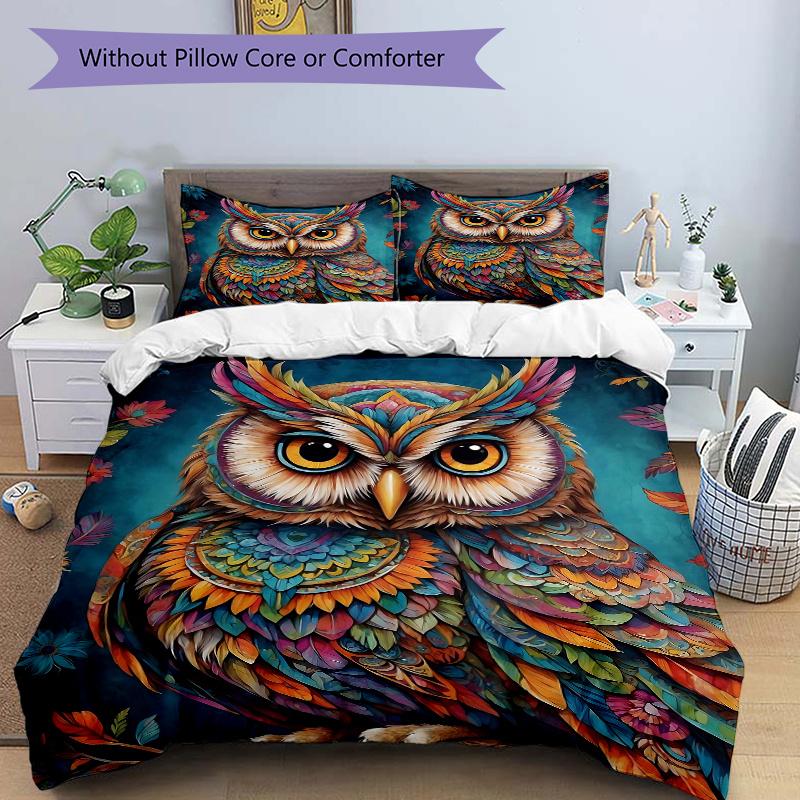 3pcs Colorful Mandala Owl Printed Quilt Set, Soft and Comfortable Quilt Cover for Bedroom 135x200cm