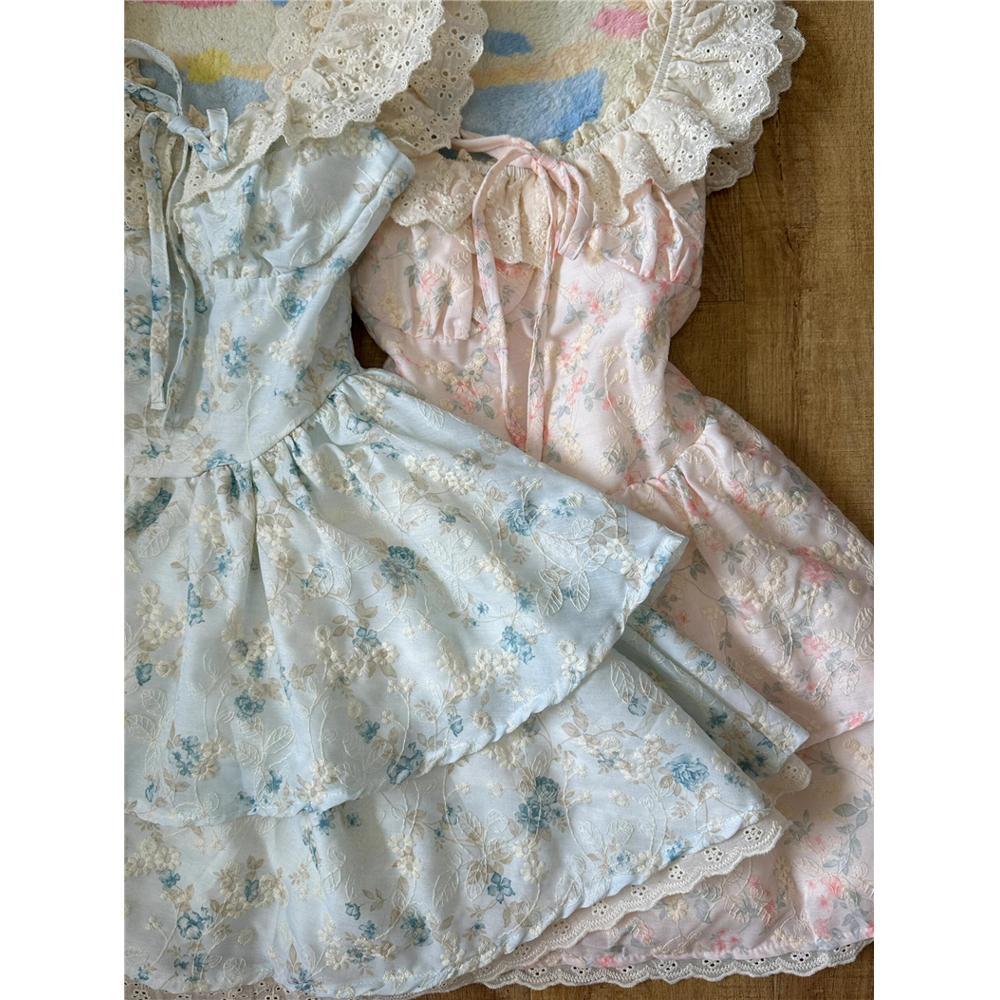 Sweet Spice Girl Blue Flying Sleeve Floral Dress Female Small Summer Waist Fluffy Short Skirt Student Cake Dress