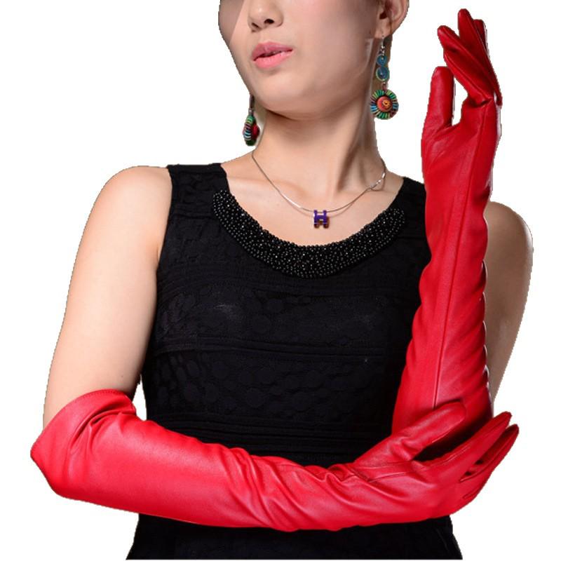 Guanti lunghi eleganti da donna in ecopelle, multicolore, sopra il gomito, 50 cm, perfetti per la fotografia primaverile/estiva.