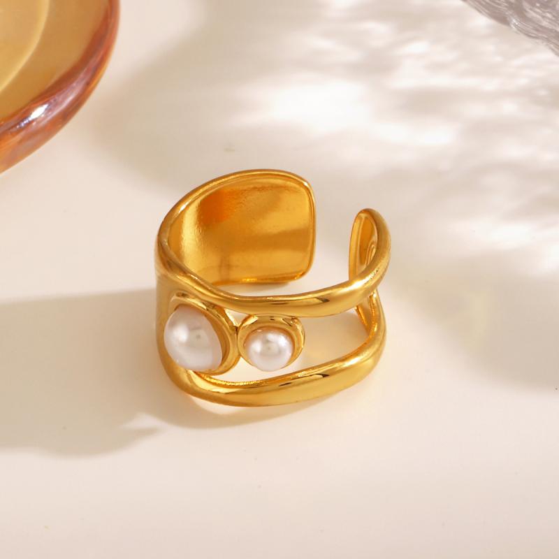 Vintage Stainless Steel Wide Thick Rings for Women Men Classic Imitation Pearl Hollow Opening Rings Charm Banquet Jewelry Gifts