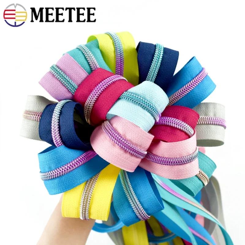 1/2/3/4/5M Meetee 5# Nylon Zipper Tapes Decor Rainbow Teeth Zips for Pocket Handbag DIY Coat Zip Repair Kit Sewing Accessories