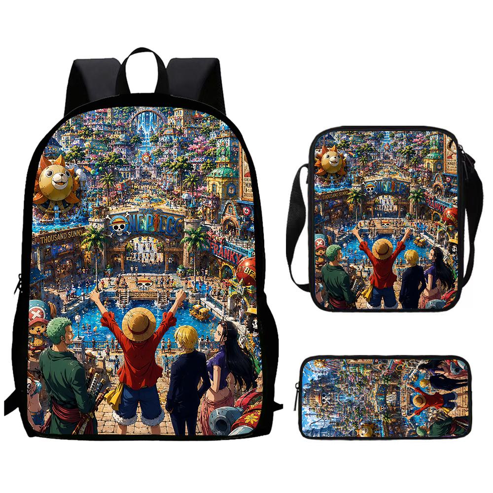 Cartoon One Piece 3pcs Lightweight Durable School Backpack with Crossbody Bag Pencil Case for Boys Girls Age 6-10 Primary School