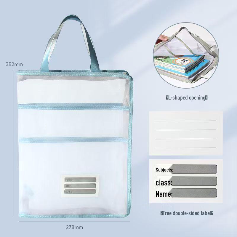 Zippered A3/A4 Test Paper Storage Bag for Students - Transparent Mesh, Subject Classification