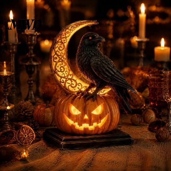 Halloween Party Tischdekoration Kürbis Drachen Statue, LED Leuchtende Harzfigur Beleuchtete Schreibtisch Nachtlampe mit Warmem Licht, Gruselige Fantasy Schreibtisch