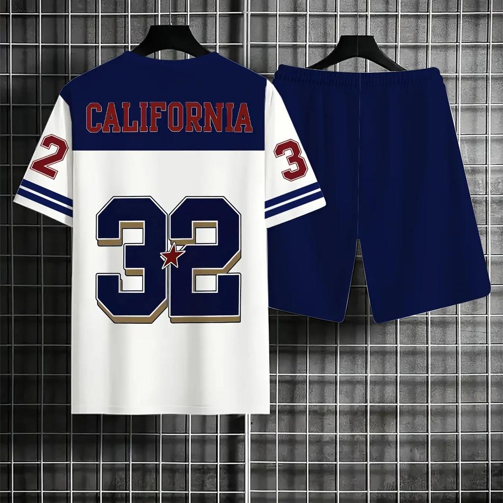 Men'S Casual Crew Neck Short Sleeve Shorts, Basketball Style, Blue And White Color-Blocking Set