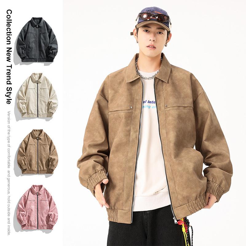 Men's Spring and Autumn New Brown Lapel Leather Jacket Men's Couple American Retro Leather Jacket