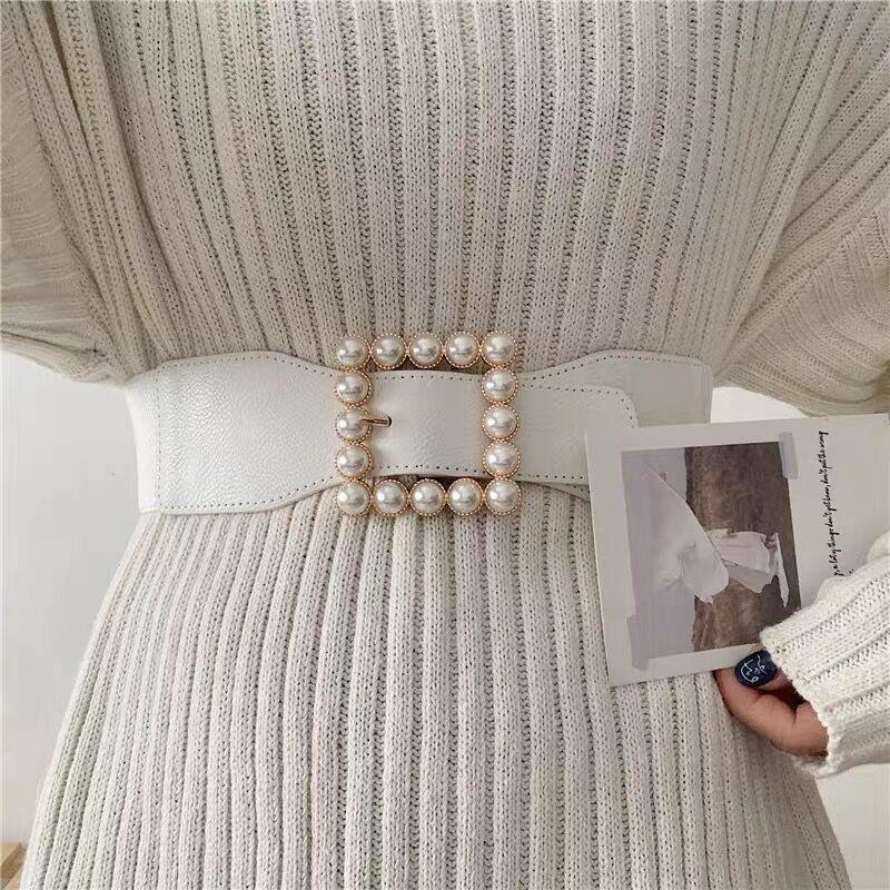 A New Women's Dress with Sweet Pearl Elastic Elasticity, Wide Cinched Waist and Waist Seal, Fashionable Ins Style Belt for Ladies