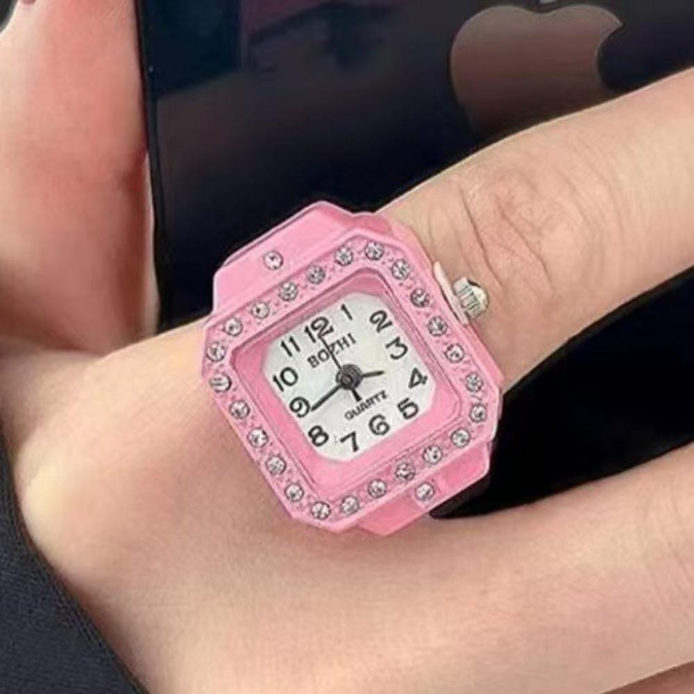 Ring Watch, Quartz Watch, Metal Watch, Rhinestone, Elastic Strap.