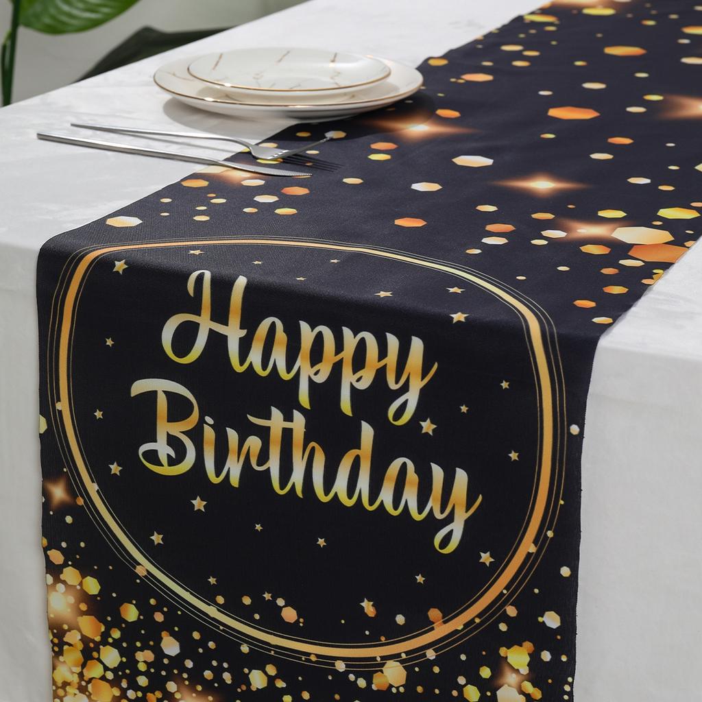 Happy Birthday Table Runner Birthday Party Decorations Black Gold Balloon Print Table Cover for Kids Adults Bithday Table Decor