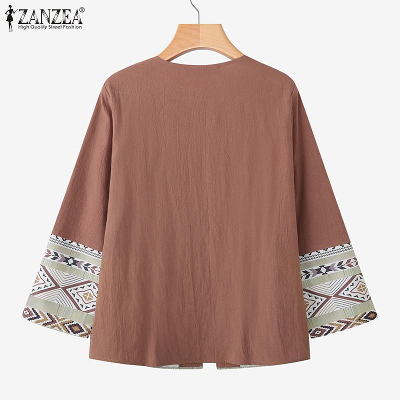 ZANZEA Women Casual Round Neck Long Sleeve Ethnic Print Loose Zipper Blouse