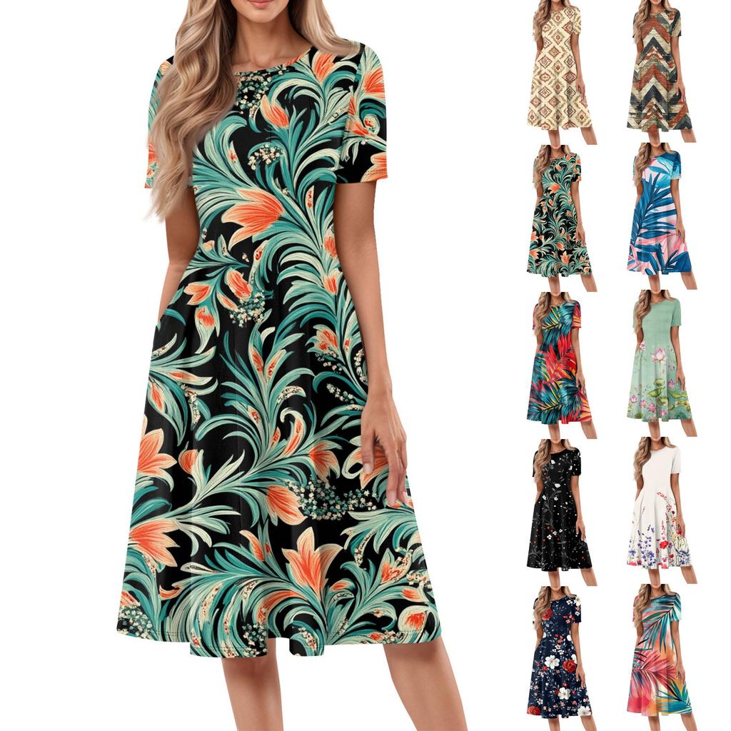 Women's Fashionable Print Round Neck Loose Short Sleeved Pocket Pullover Dress